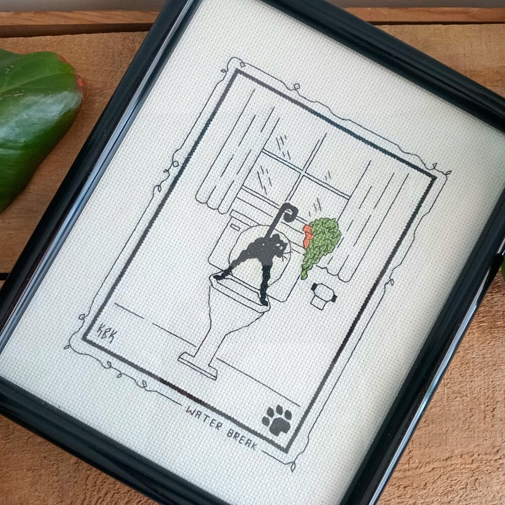 Black Cat Bathroom Art, Toilet Water Break, Vintage Completed Cross-Stitch